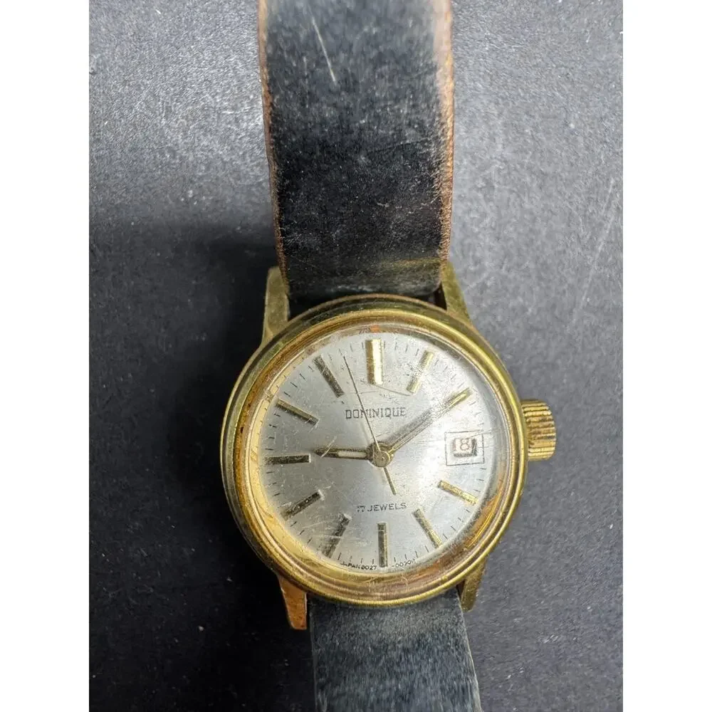 Vintage Dominque 17 Jewels Date Women’s Watch Gold Tone Black Leather Band